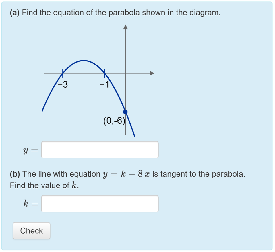 A question with an automatically rendered graph of a parabola