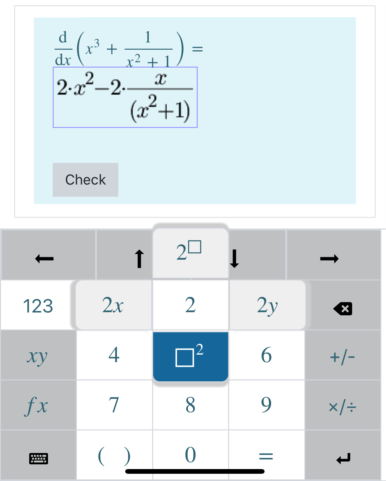 A STACK question is answered using a mobile keyboard. '2' is held down, displaying options for '2 to the power of', '2y', 'something to the power of 2' and '2x'.