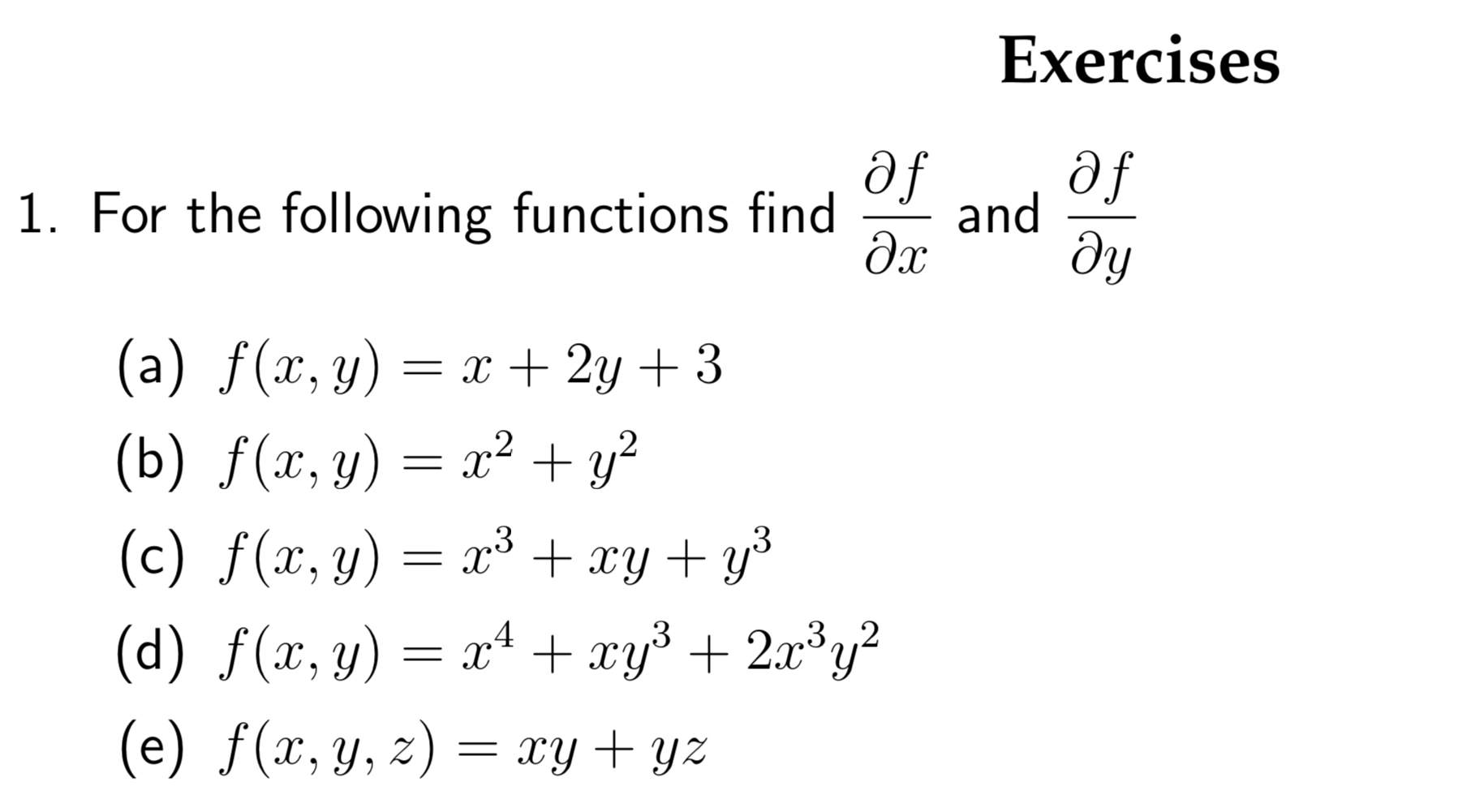 A list of partial derivatives questions.