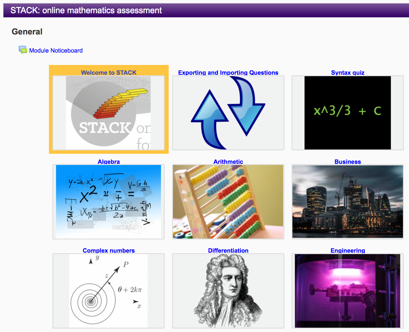 The showcase module page, which has links to several other pages, such as 'Welcome to STACK', 'Important and Exporting', and 'Syntax quiz'.