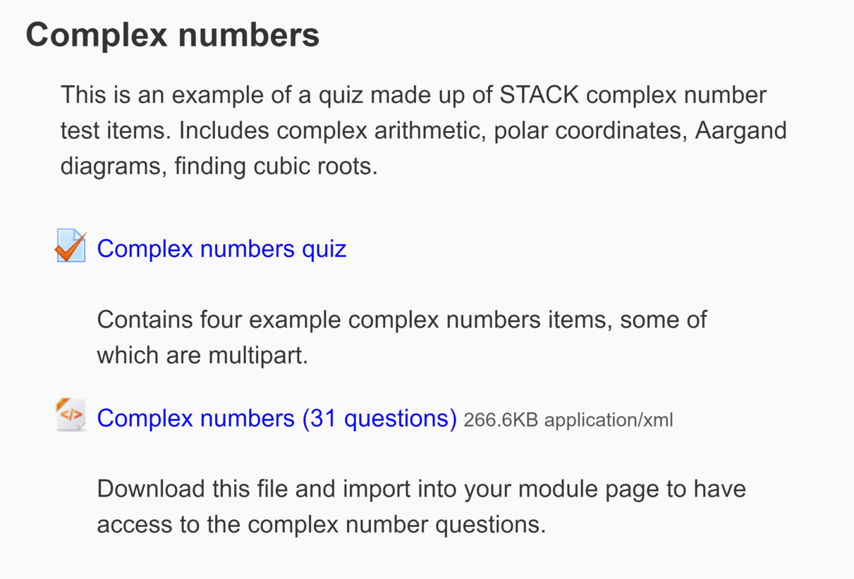 The download screen for a collection of business STACK questions, including a link to a Complex numbers quiz and a download link for the individual questions.