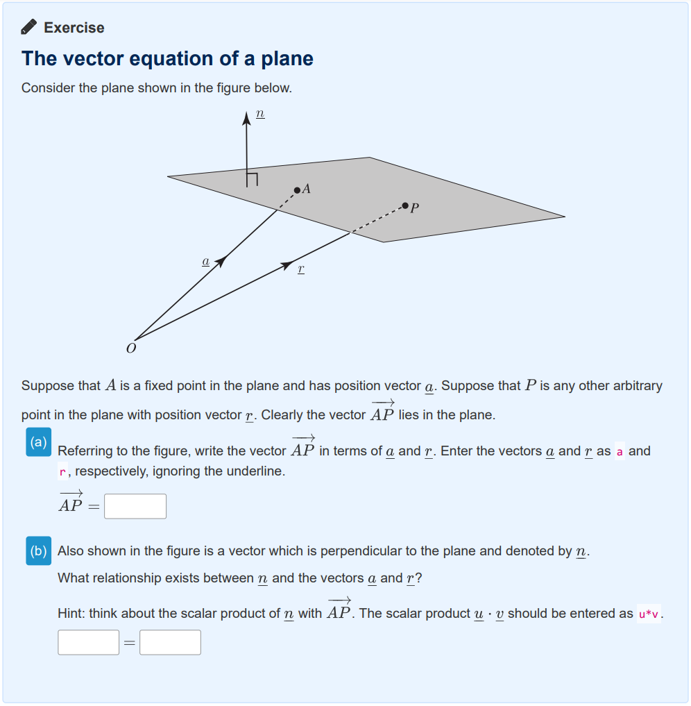 A question that walks the student through the derivation of the vector equation of a plane in 3-dimensional space.