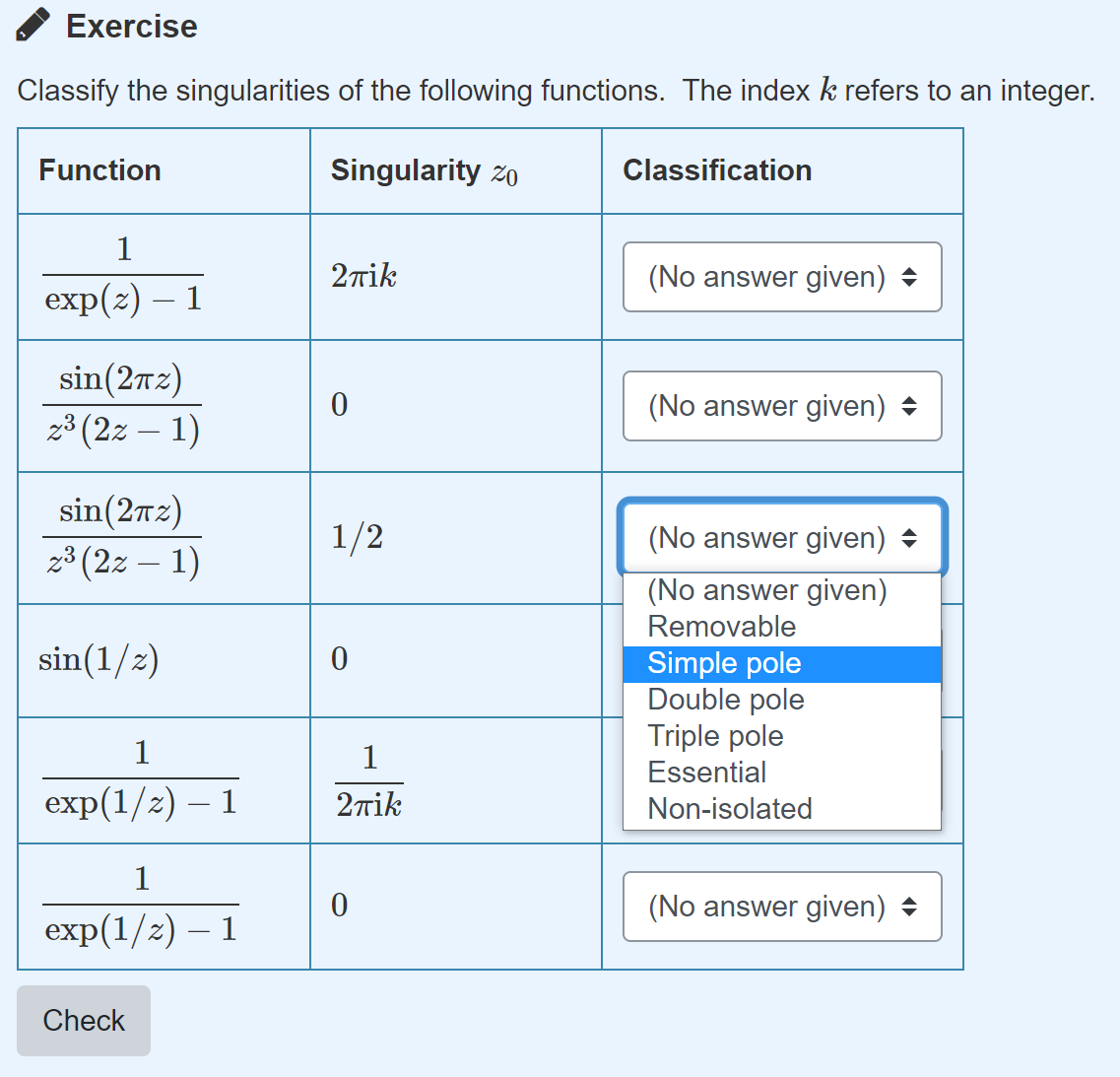 A screenshot of a STACK question which asks to classify singularities. The classification of each singularity appears as a drop-down list.