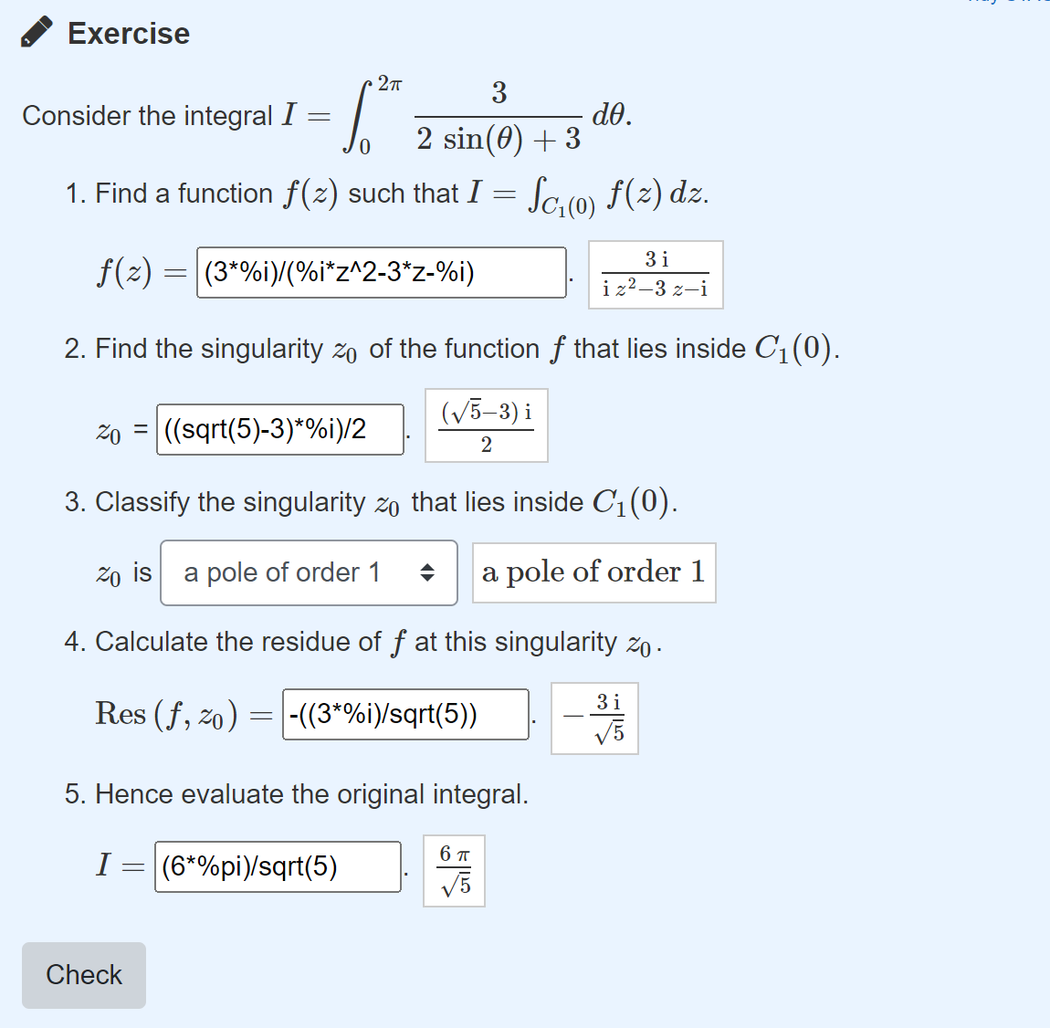 A screenshot of a multipart STACK question on trigonometric integrals.