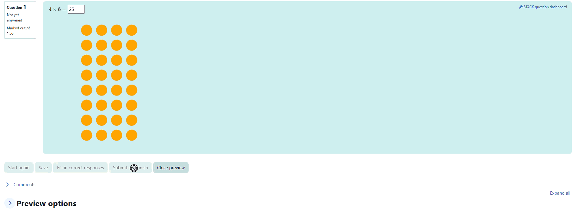 An gif showing an animation of multiplying 4 times 8.