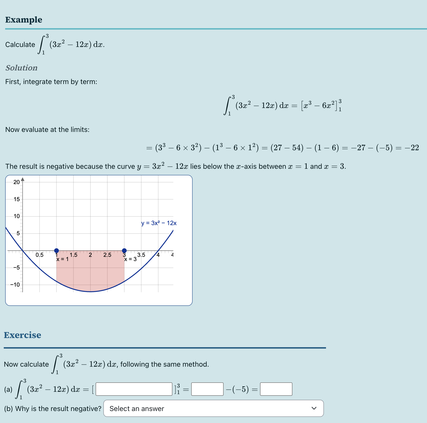 A worked example with a JSXGraph figure, followed by a faded version for the student to complete.