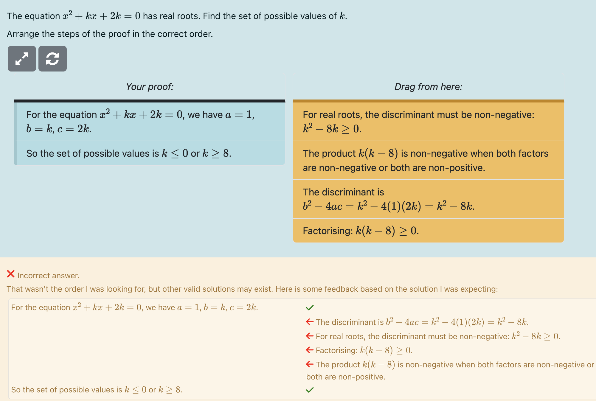 A Parsons problem: students drag steps into order, and the feedback shows which steps are missing.