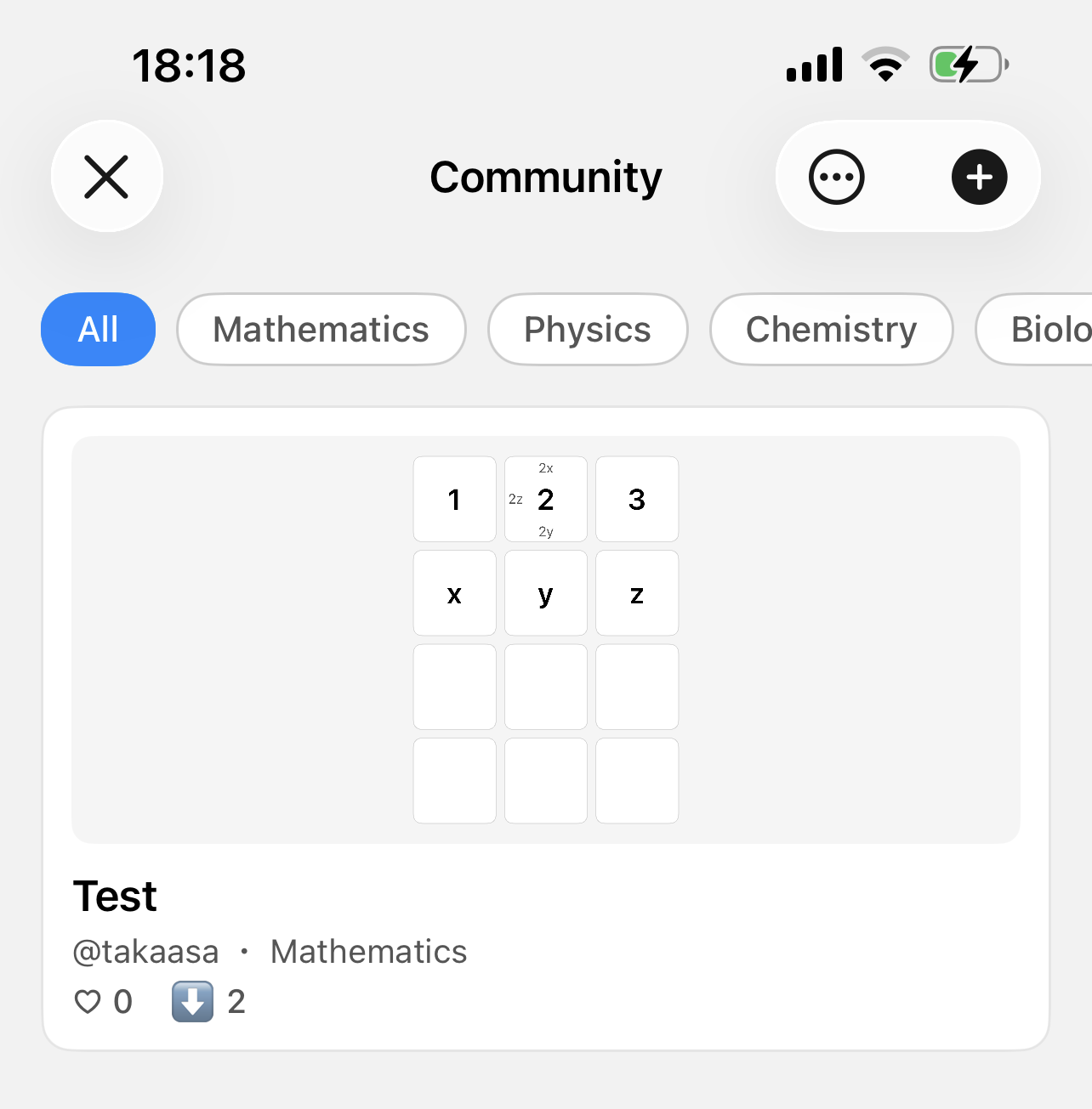 The community screen, showing posted keyboard layouts with subject categories and a like button.