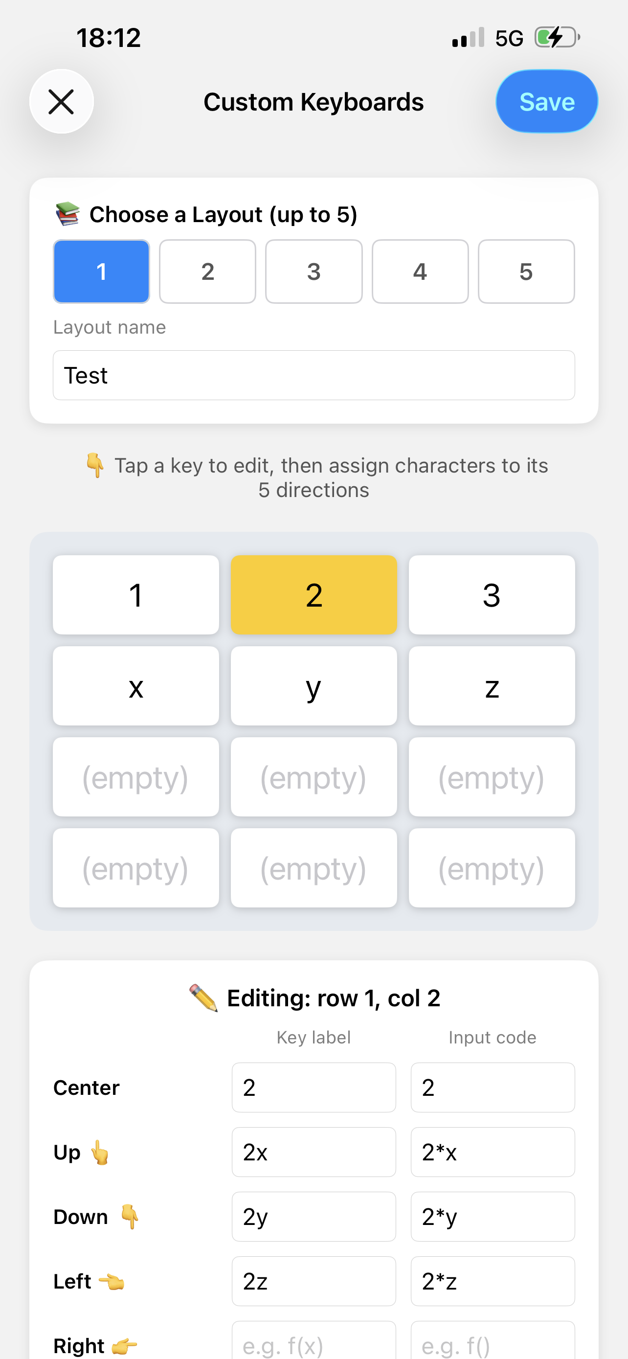 The custom keyboard editor. For the selected key, the display text and input code can be set for each of the five flick directions.