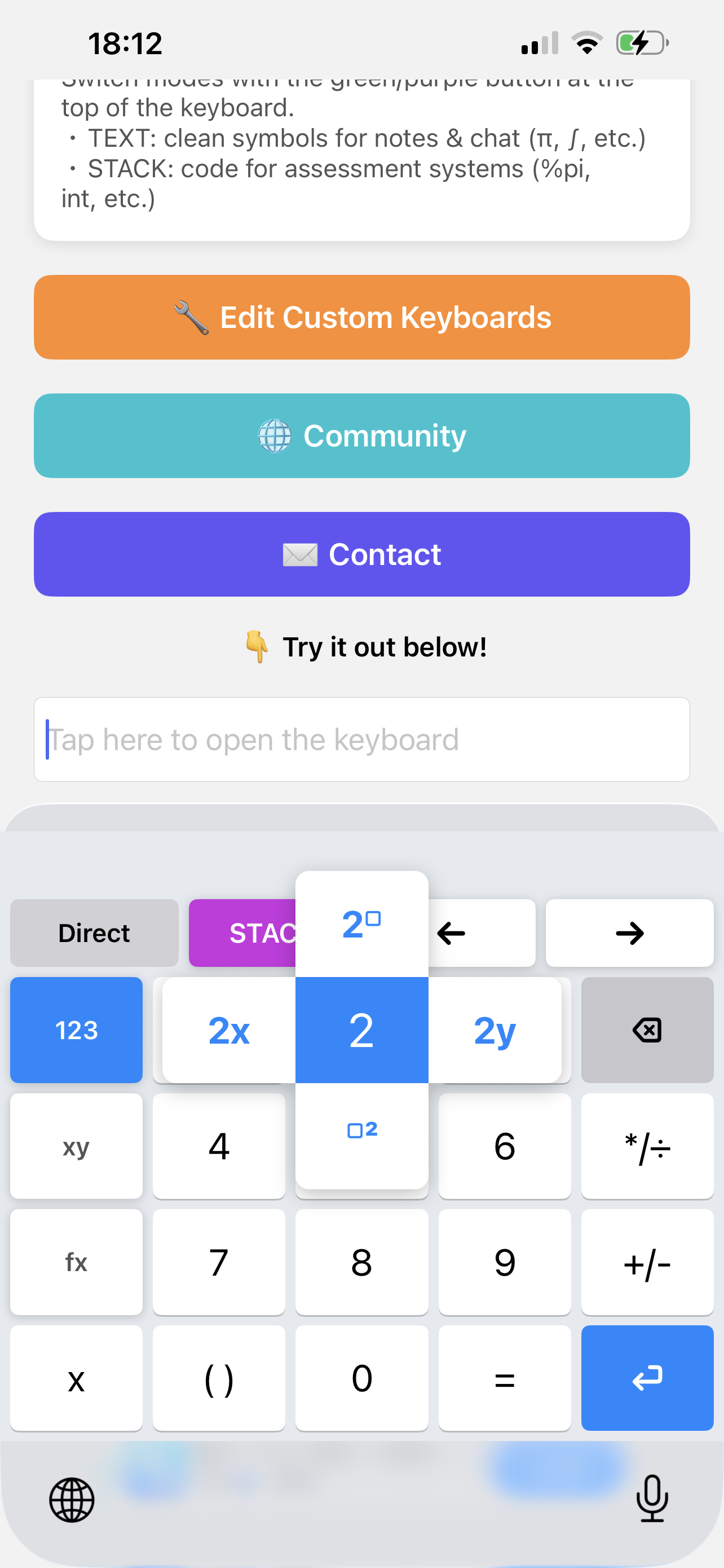 A STACK answer is typed using the iFlickMath keyboard. The '2' key is held down, showing flick options such as '2 to the power of n', 'x squared', '2x' and '2y'.