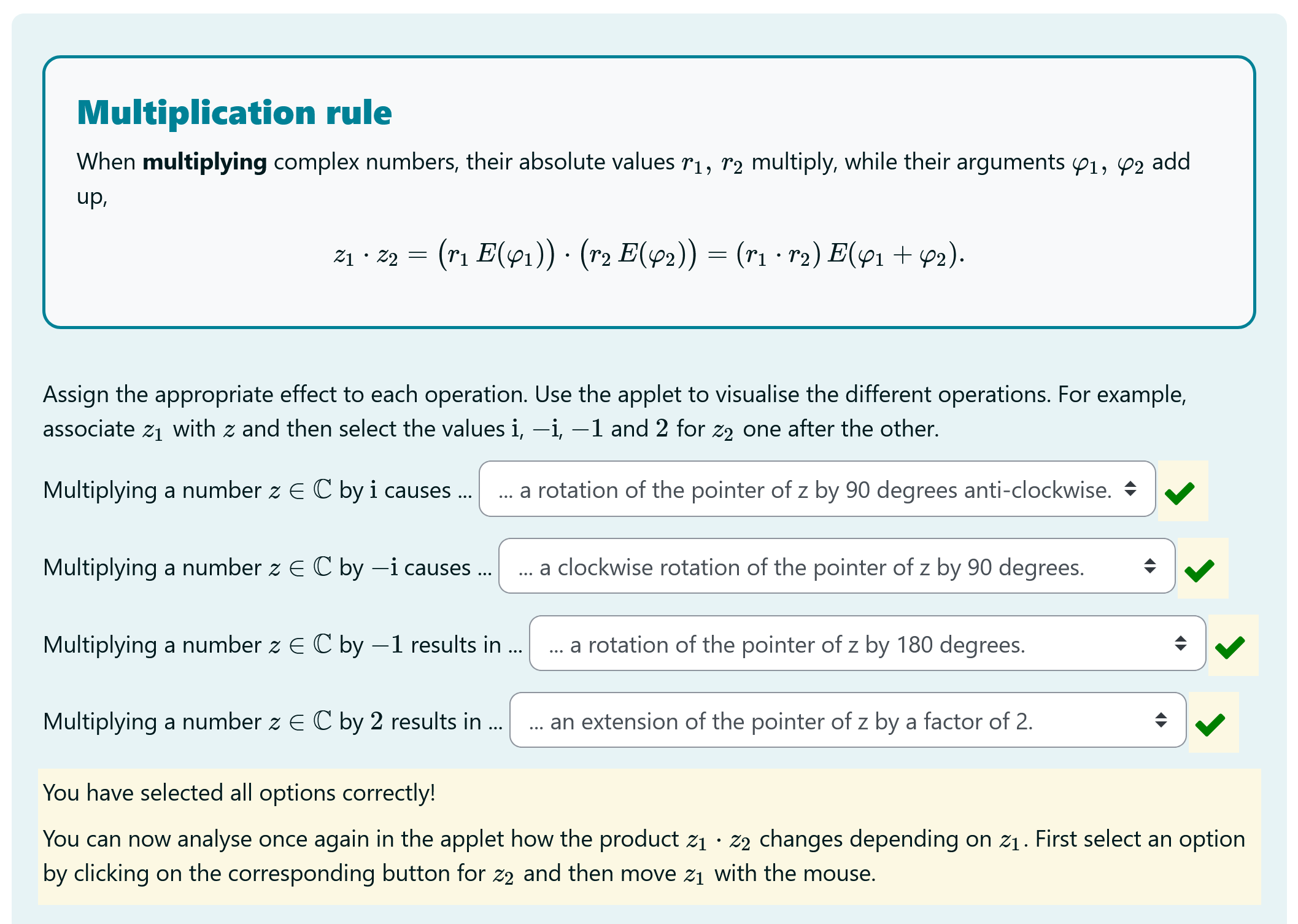 A STACK question containing theory together with dropdown inputs and an interactive applet