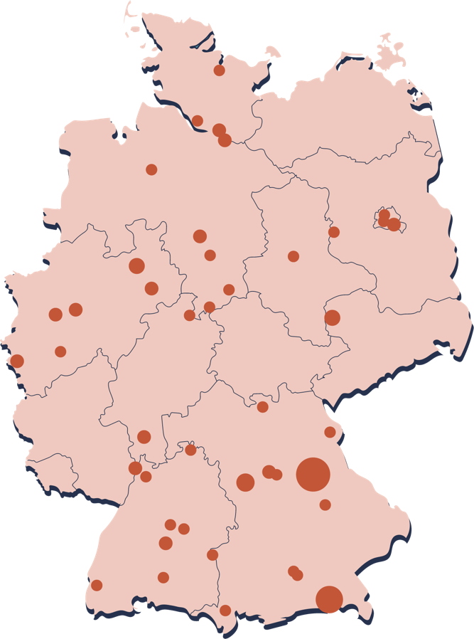 Map of Germany with different sized circles indicating the STACK Net subscriber base