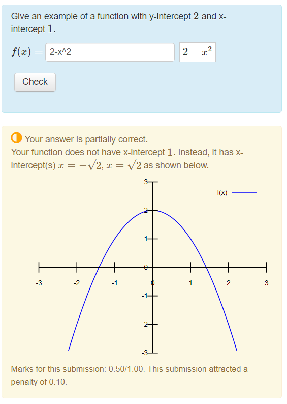 A STACK question giving specific feedback on a partially correct answer, including graphing the student's answer.